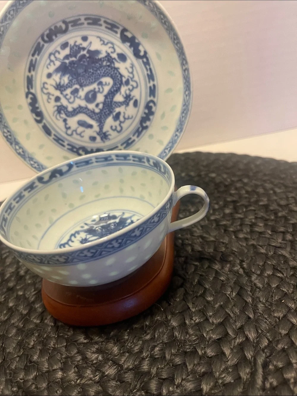 Vintage linglong Blue Dragon Porcelain Teacup & Saucer Set